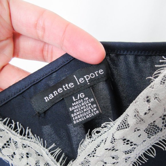 NANETTE LEPORE Slip Dress With Lace in Navy Blue Size-L - Picture 3 of 10